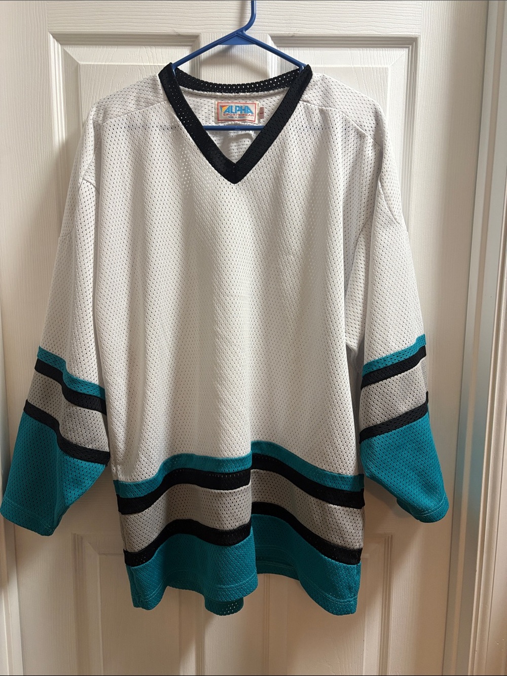 Alpha Industries White Hockey Jersey with Teal and Black Stripes
